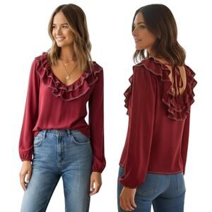 Tularosa Heather Blouse Ruffle Collar Tassel Tie Back Red Size L